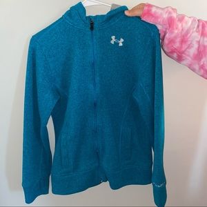 blue embroidered under armour zip up jacket.